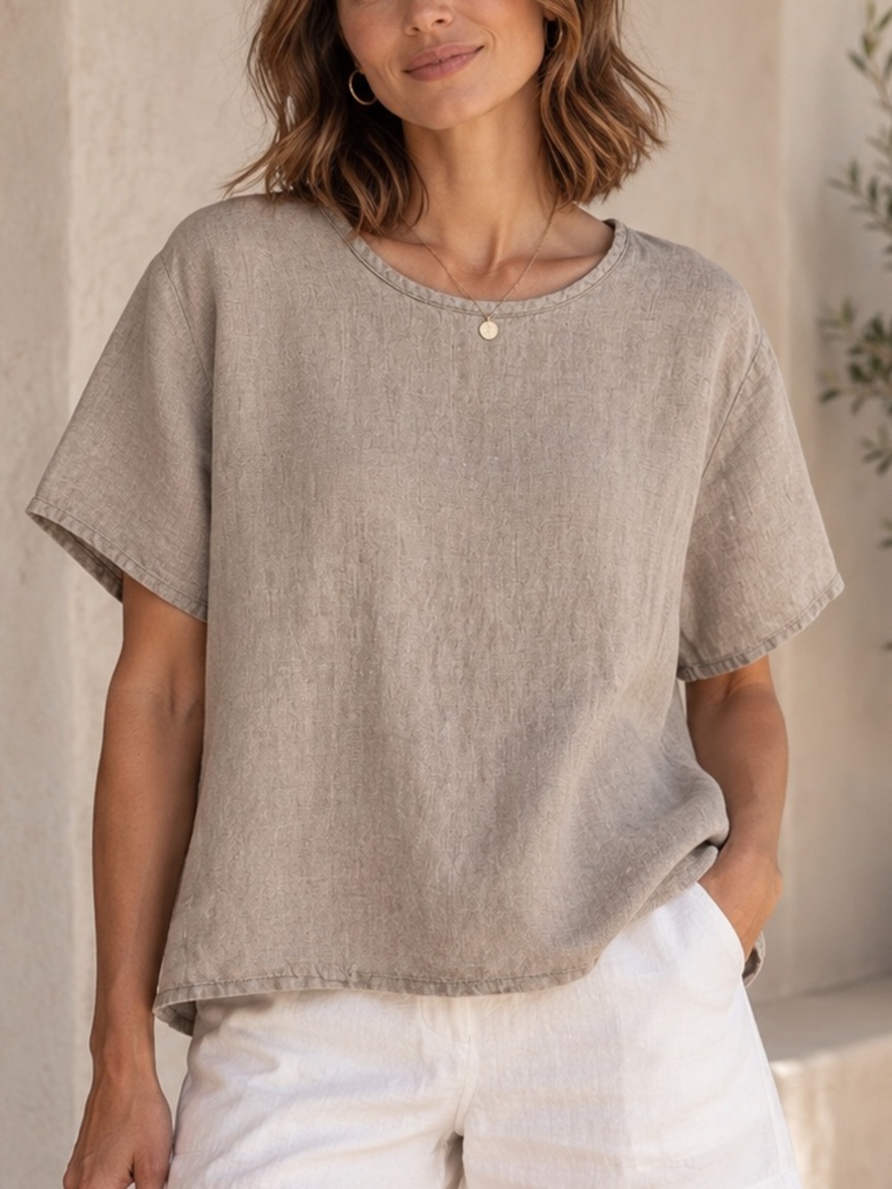 FLAX Jeanne Engelhart 100% Linen Boxy Taupe Bateau Neck Top Lagenlook Neutral